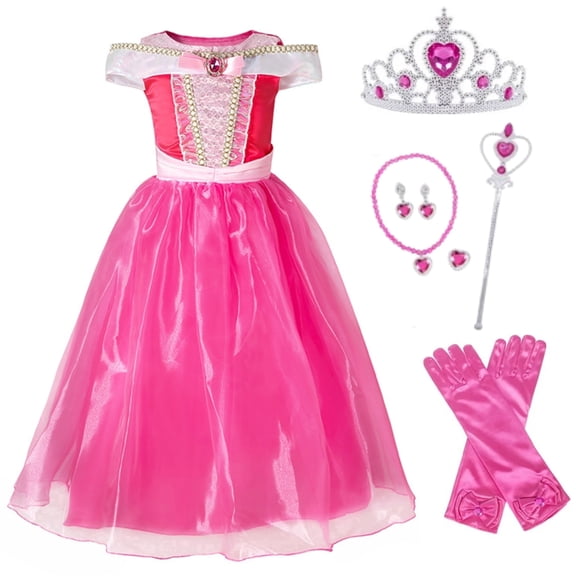 Benylion Aurora Princess Costumes Halloween Birthday Party Cosplay Pink Dress Up for Little Girls for 7-8 Years