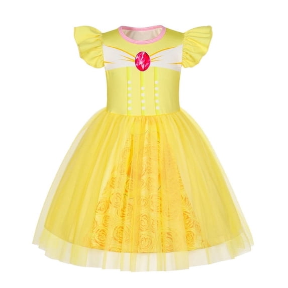 Benylion Girls Princess Costume Dress Toddler Kids Short Flutter Sleeve Tulle Dress up Cosplay Theme Party Outfit for 9-10 Years