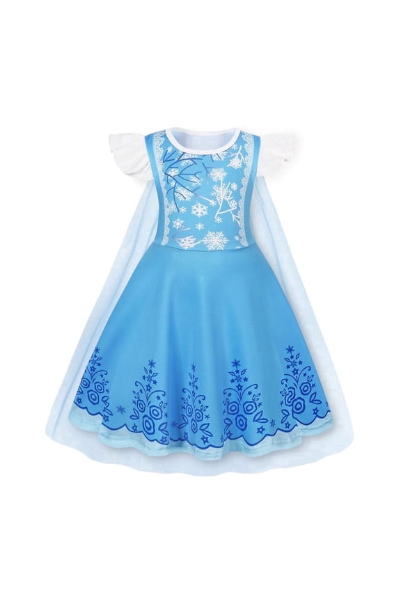 Princess Dress With Cape for Girls Blue Christmas Birthday Party Cosplay Costume Toddler Ruffle Sleeve Fancy Outfit Gift for 2-3 Years