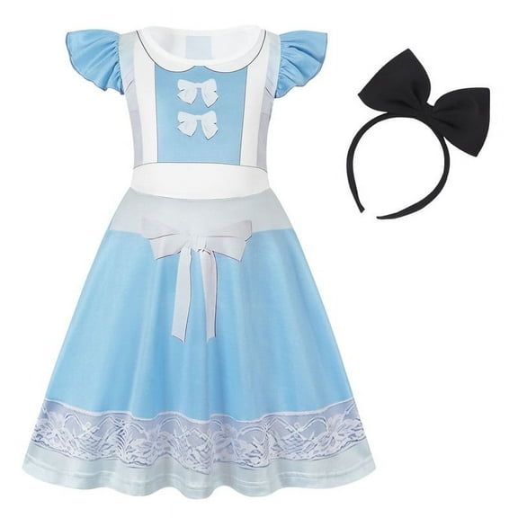 Benylion Toddler Alice Girls Princess Dresses Birthday Party Halloween Costume Dress Up Blue Cosplay Outfit with Bow Headband 7-8 Years
