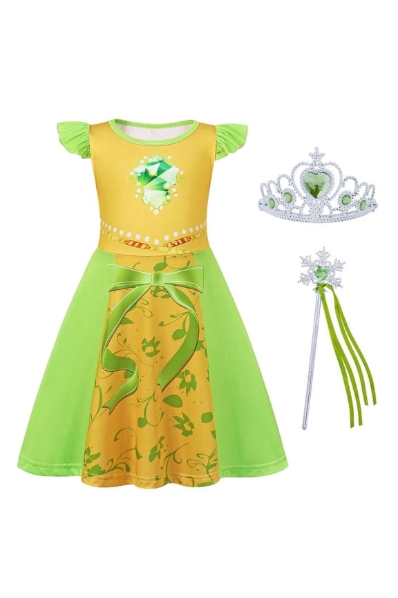 Tiana Princess Dress up for Girls Birthday Party Outfits Halloween Costumes for Kids Princess Clother for 5-6 Years
