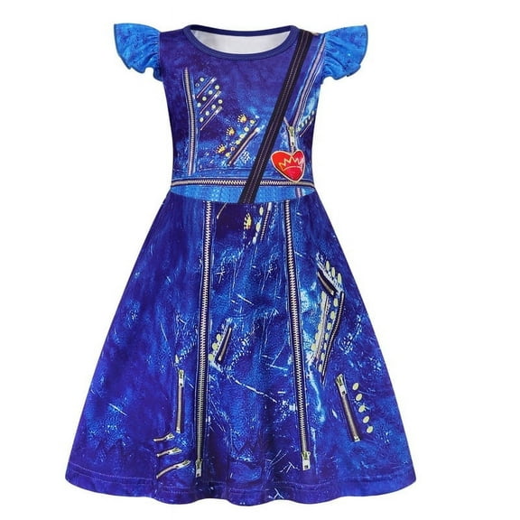 Benylio Girls Blue Fantasy Costume with 3D Zipper Print Dress Short Ruffle Sleeves and A-Line Skirt Outfits for 5-6 Years