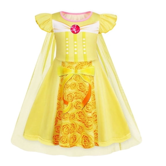 Benylion Girls Princess Dress Up Costume Yellow Belle Dresses With Cape Halloween Birthday Party Cosplay Outfit for 5-6 Years