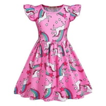 Benylion Girls Nightgowns Pajamas Pink Unicorn Dress Flutter Sleeve Swing Halloween Birthday Party Clothing for Kids 7-8 years