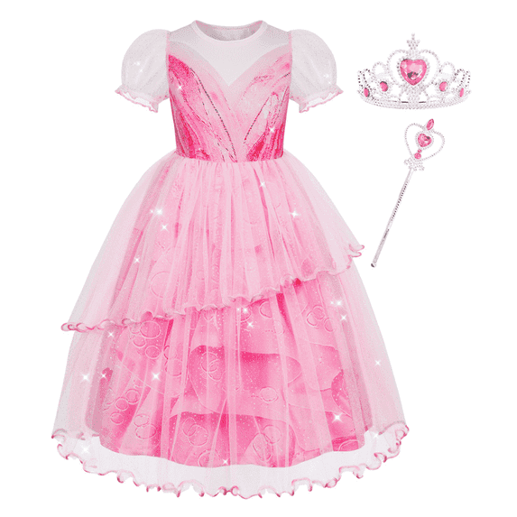 Benylion Good Witch Glinda Costume Pink Princess Dress for Kids 8T Halloween Costumes Witch Dress with Crown Wand