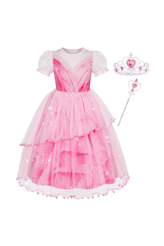 Good Witch Glinda Costume Girls Pink Princess Tulle Dress Toddler Halloween Cosplay Outfit with Accessories for 7-8 Years