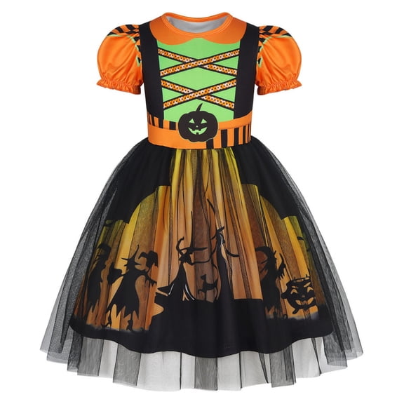 Benylion Halloween witch Costume Dress Kids Puff Sleeve Tulle Dress Toddler Birthday Party Dress Up Clothes for 5-6 Years