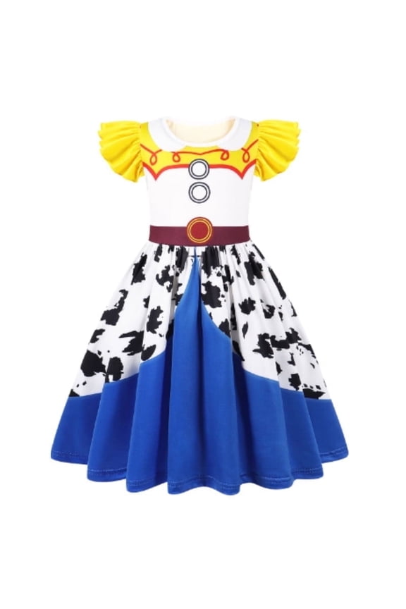 Jessie Toy Story Girls Summer Dress Child Buzz Lightyear Cosplay Party Outfit Ruffle Sleeve Print Dresses for Kids Princess Costume for 7-8Years