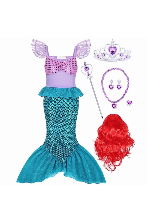 Little Girls Mermaid Princess Costume for 3-4 Years Girls Dress Up with Red wig Halloween Birthday Party Cosplay Outfit