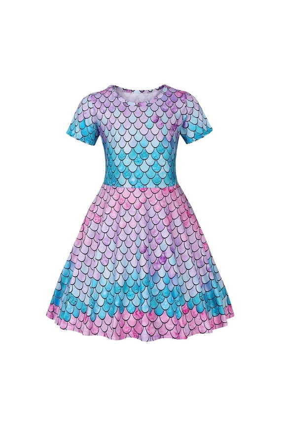 Girls Mermaid Dress Toddler Summer Sundress Kids Short Sleeve Pajamas A Line Twirly Skater for 3-4 years