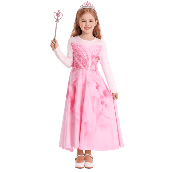 Benylion Pink Princess Dress Good Witch Costume for Kids Long Sleeves Hellowen Cosplay Dresses 4T with Star Crown Wand