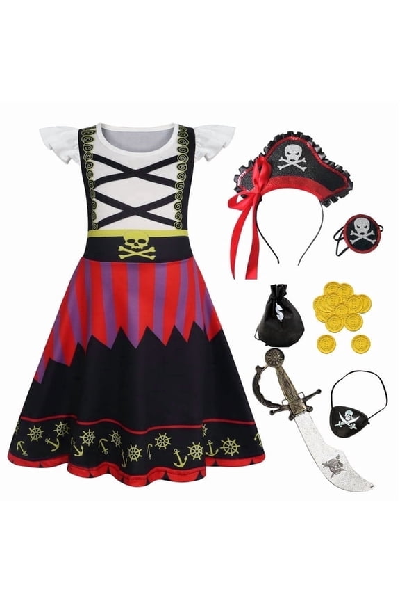 Girls Pirate Costume for Kids Halloween Party Dress Up Toddler Pirate Christmas Cosplay Outfit with Accessories for 2-3 Years