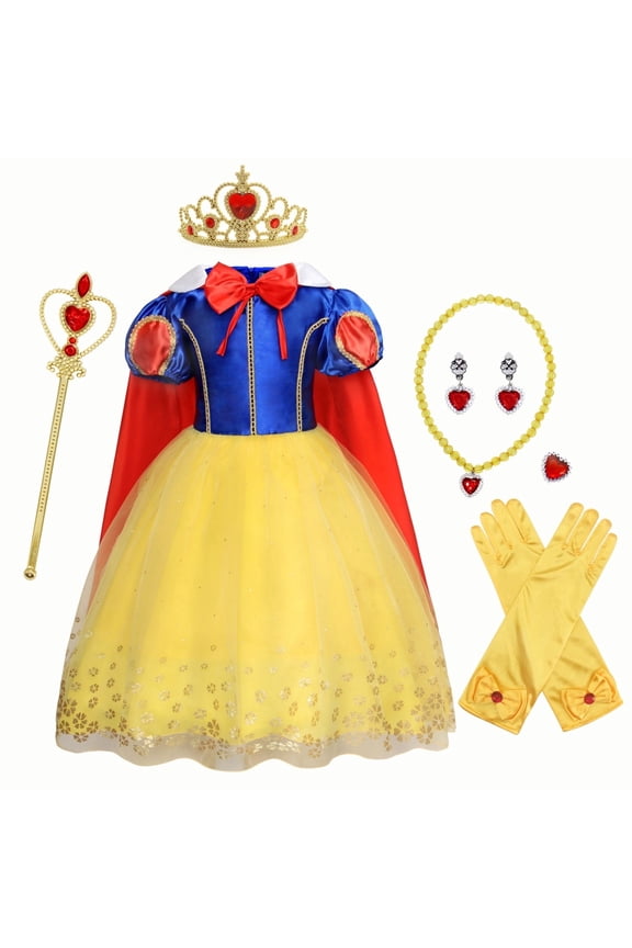 Princess Dress Up for Girls Fairy Tale Princess Halloween Costume Birthday Party Dress Up Clothes Toddler Kids Outfit with Accessories 5-6 Years