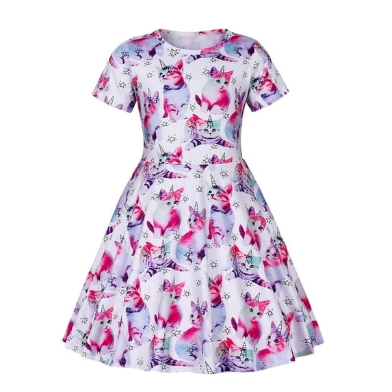 Benylion Girls Dresses Pajamas Summer Sundress Kids Short Sleeve School Casual A Line Twirly Skater Cat Dress for 5-6 Years