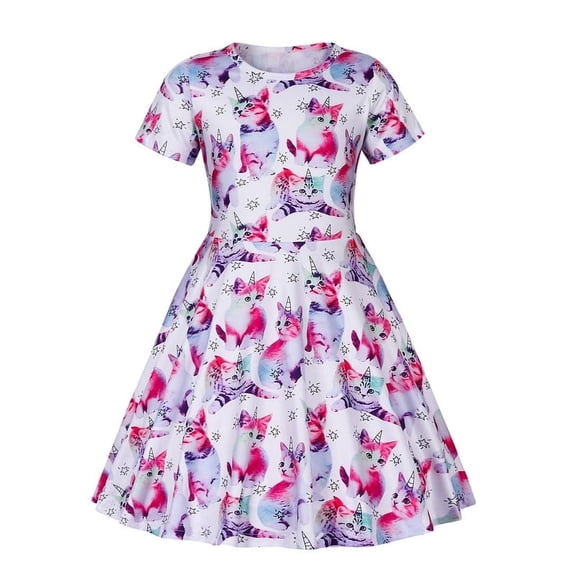 Benylion Girls Dresses Pajamas Summer Sundress Kids Short Sleeve School Casual A Line Twirly Skater Cat Dress for 7-8 Years