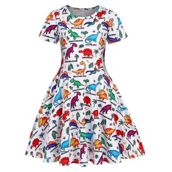 Benylion Girls Pajamas Dresses Toddler Dinosaur Summer Sundress Kids Short Sleeve School Casual A Line Twirly Skater Dresses for 3-4 years