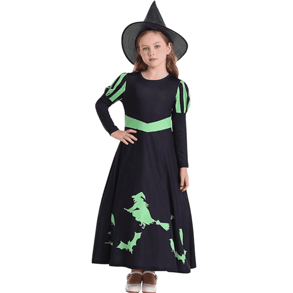 Benylion Wicked Witch Dress for Girls Black Costume Kids Hellowen Cosplay Fancy Dress up with Pointed Hat for 7-8 Years