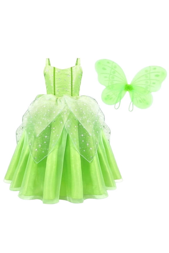 Princess Tiana Costume for Girls Halloween Fancy Party Dress Tinker-Bell Green Fairy Skirt with Wings Princess Dress Up Clothes for 3-4 Years