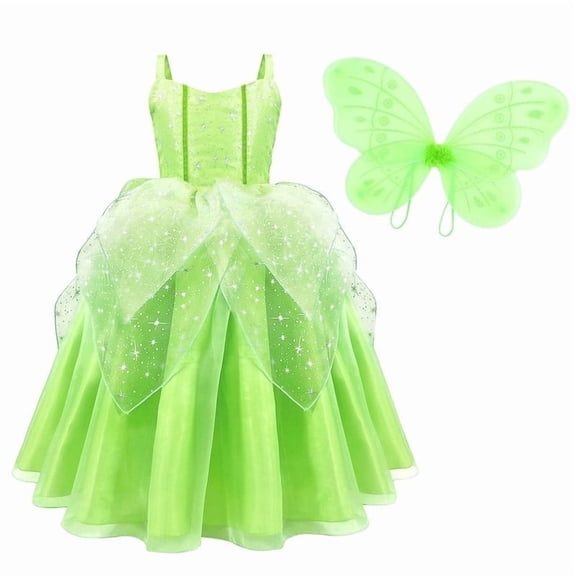 Benylion Girls Princess Tiana Costume Fairy Dress Green Sparkly Tinker-Bell Inspired Outfit for 5-6 Years, Fancy Birthday Christmas Role Play Dress up