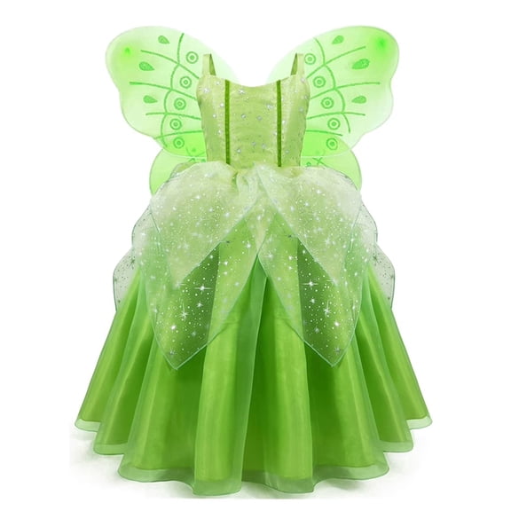 Benylion Princess Tiana Dress for Girls Frog Fairy Costume for Kids Birthday Party Dress up with Green Wings Sleeveless Skirt for 5-6 Years