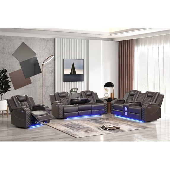 Benz LED & Power Reclining 3 Pc Set Made With Faux Leather in Brown