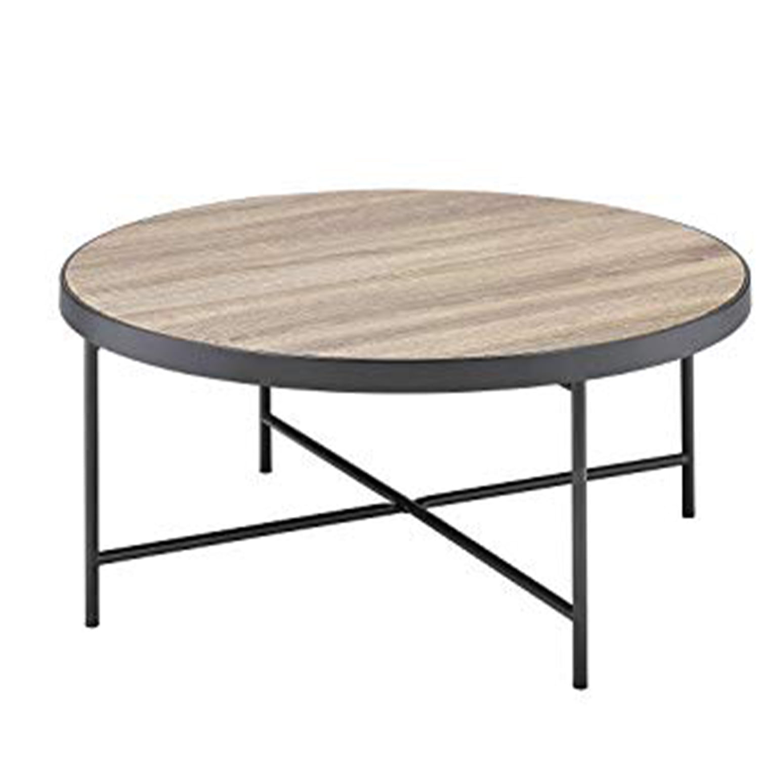 Round Weathered Oak Brown Coffee Table with Metal Legs