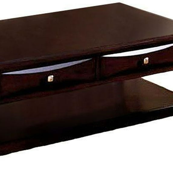 2 Drawer Wooden Coffee Table with Open Bottom Shelf, Espresso Brown