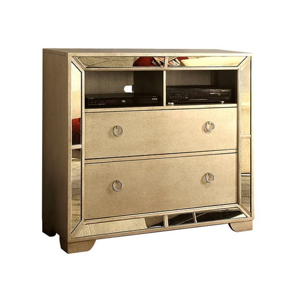 Benzara 2 Drawers Wooden Media Chest With Loop Metal Handles, Gold