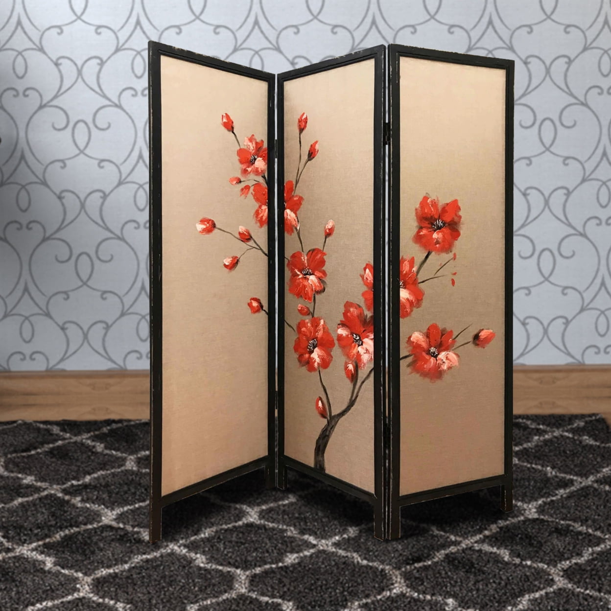 3 Panel Wood and Glass Screen with Window Pane Design, Brown and Clear main image 0