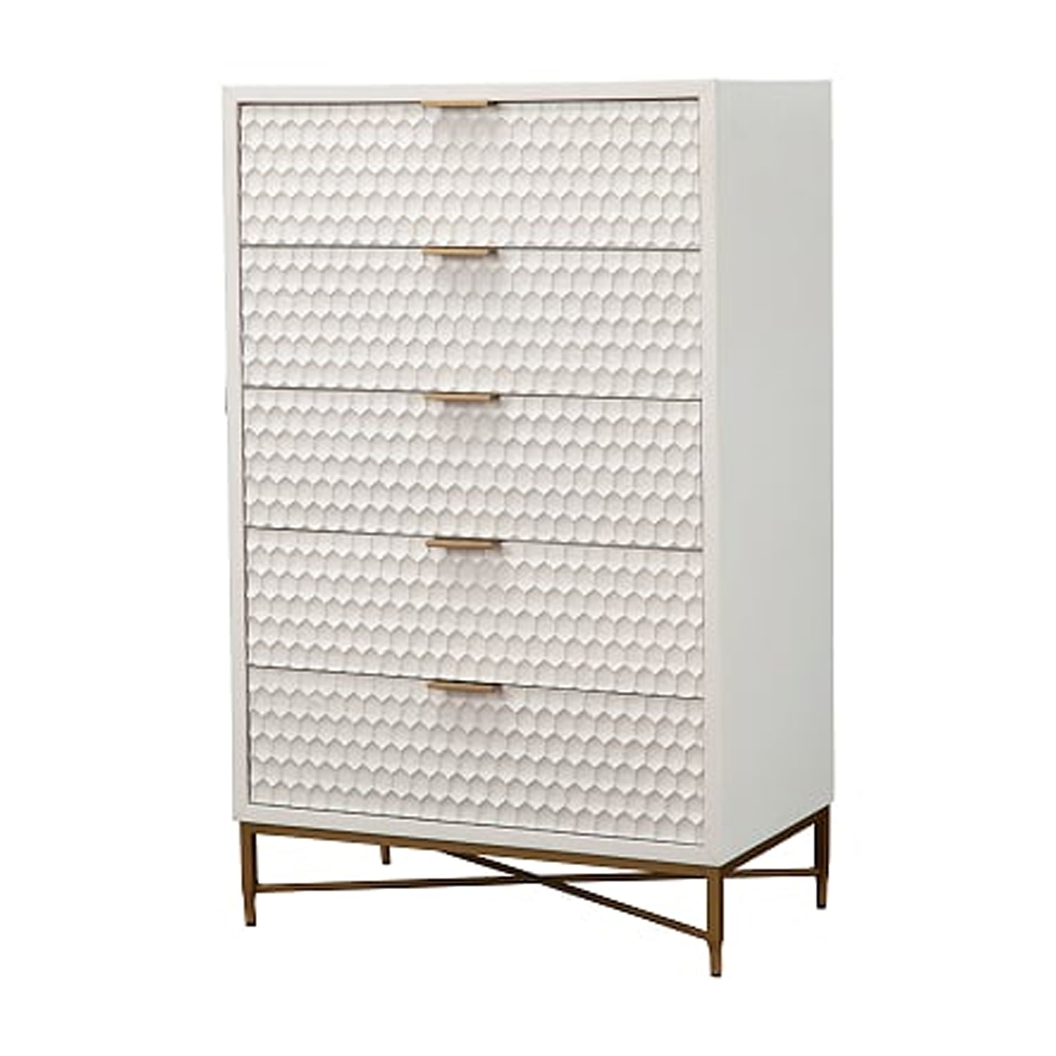 White Pearl Transitional 5-Drawer Chest with Gold Accents