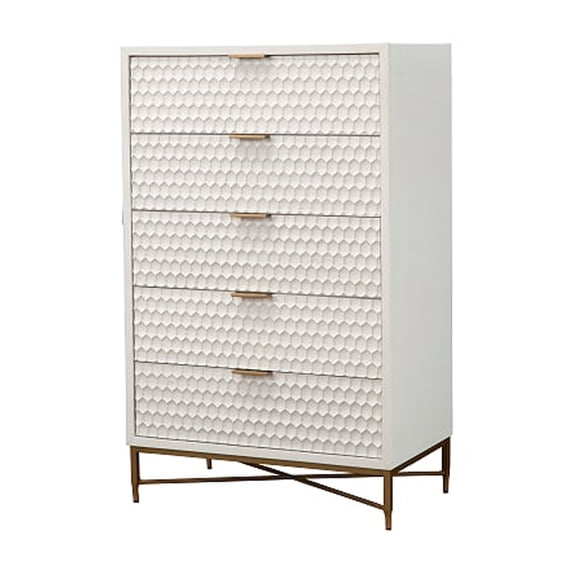 Honeycomb Design 5 Drawer Chest with Metal Legs, Large, White