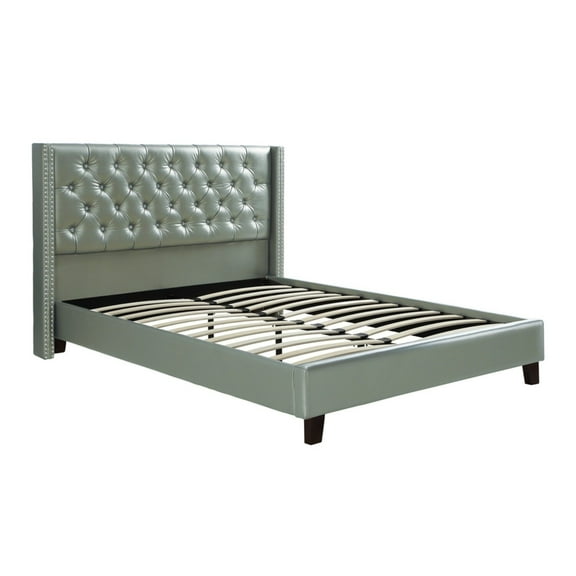 Faux Leather Upholstered Full Size Bed Featuring Nail head Trim Silver