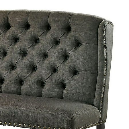 Benzara 48 Inch Classic Loveseat Bench, 2 Seater, Linen, Tufted, Nailhead, Gray