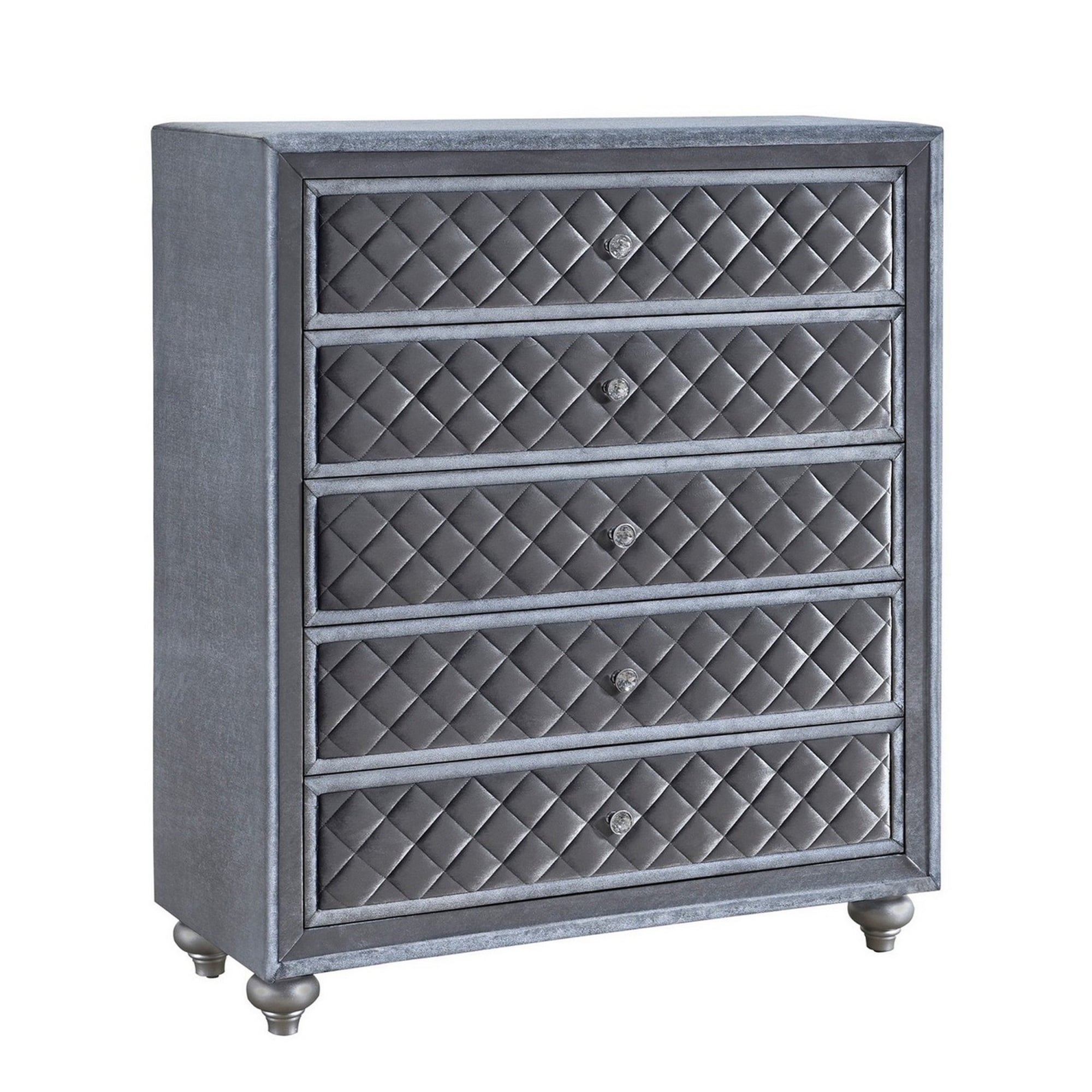 Benjara Rall 49 Inch Tall 5 Drawer Dresser Chest, Crystal Knobs, Smooth  Gray Velvet