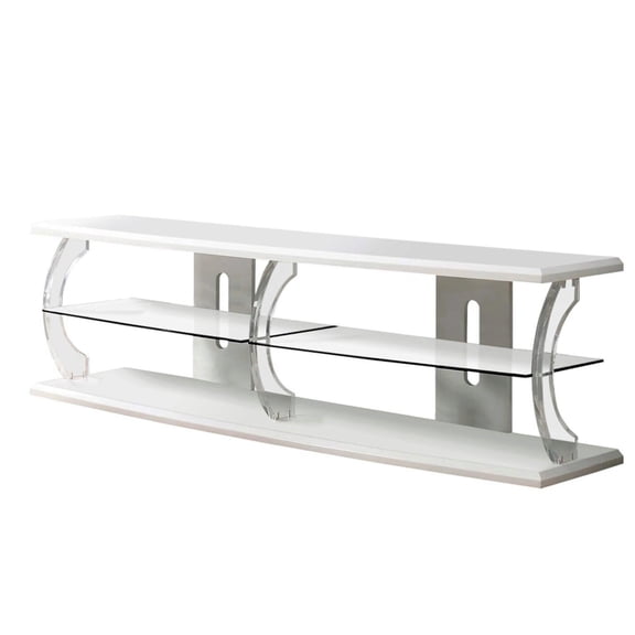 60" Wooden TV Stand With Spacious Glass Shelf in White And Clear