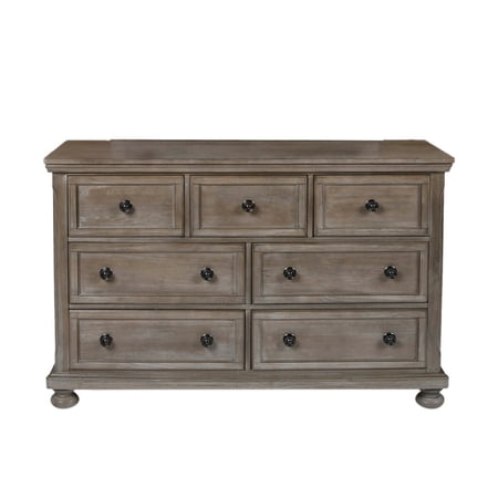 7 Drawer Wooden Dresser with Metal Pulls and Bun Feet Distressed Brown