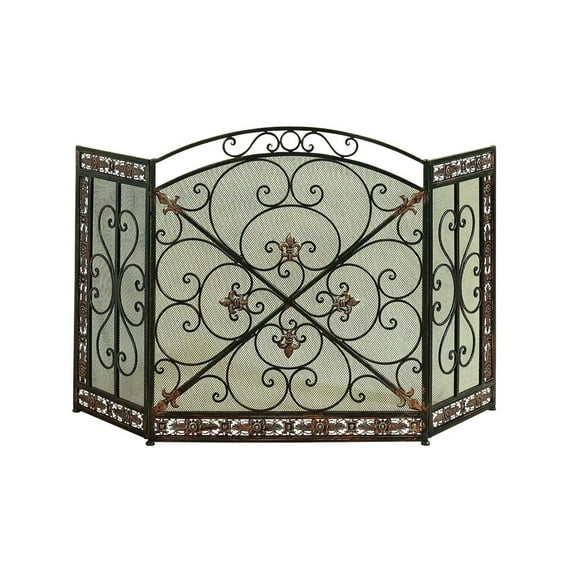 Traditional 3 Panel Metal Fire Screen With Filigree Design, Bronze