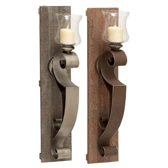 Benzara 97012 Vintage Themed Wood Metal Glass Candle Holder, 2 Assorted