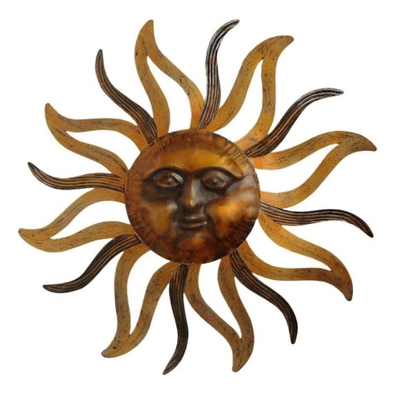 35 Inch Round Wall Mounted Sun Face Accent Decor- Carved Rustic Gold