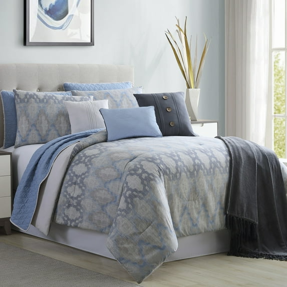 Andria 10 Piece King Size Comforter and Coverlet Set The Urban Port, Blue and Gray- Saltoro Sherpi