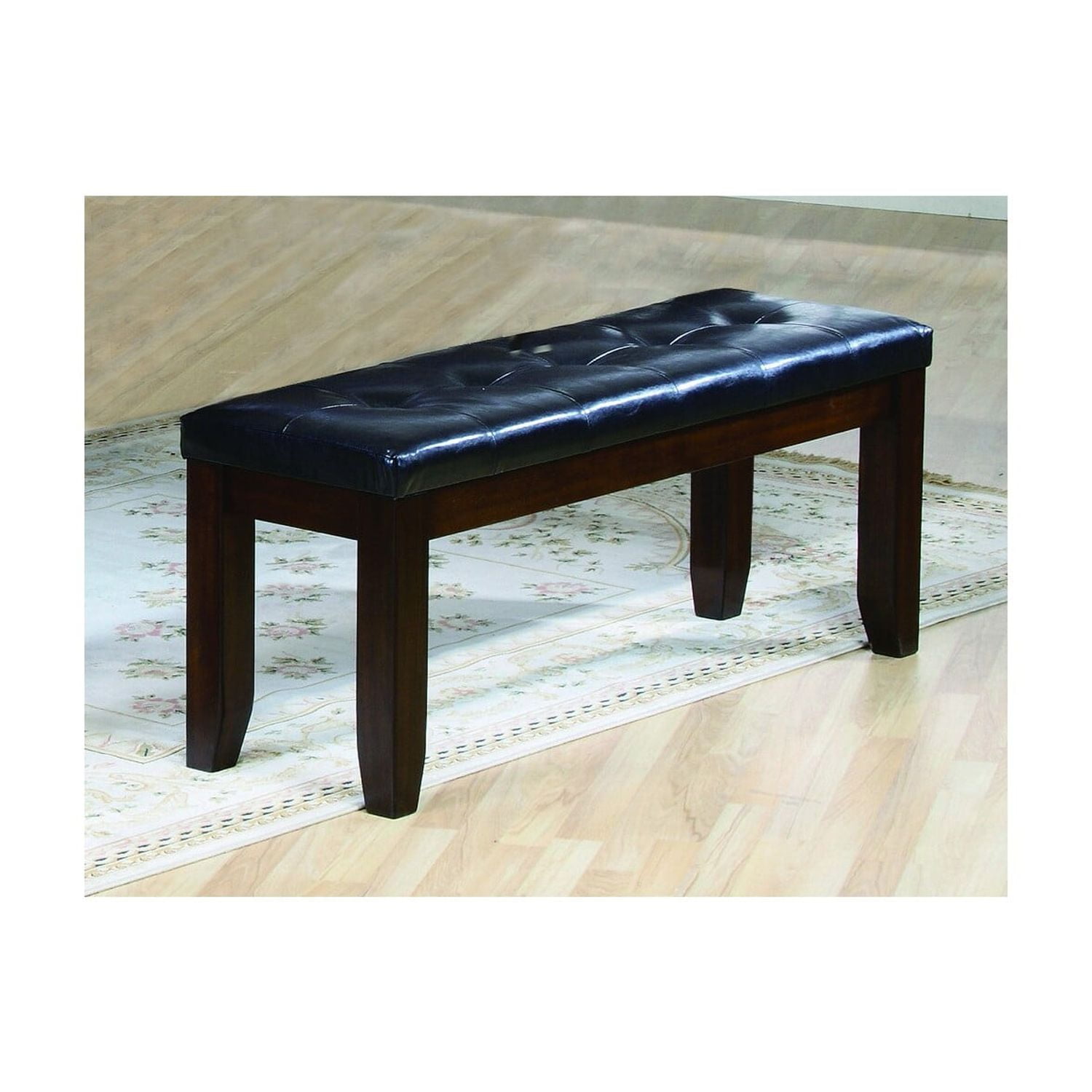 Black Faux Leather Tufted Bench with Dark Cherry Wood