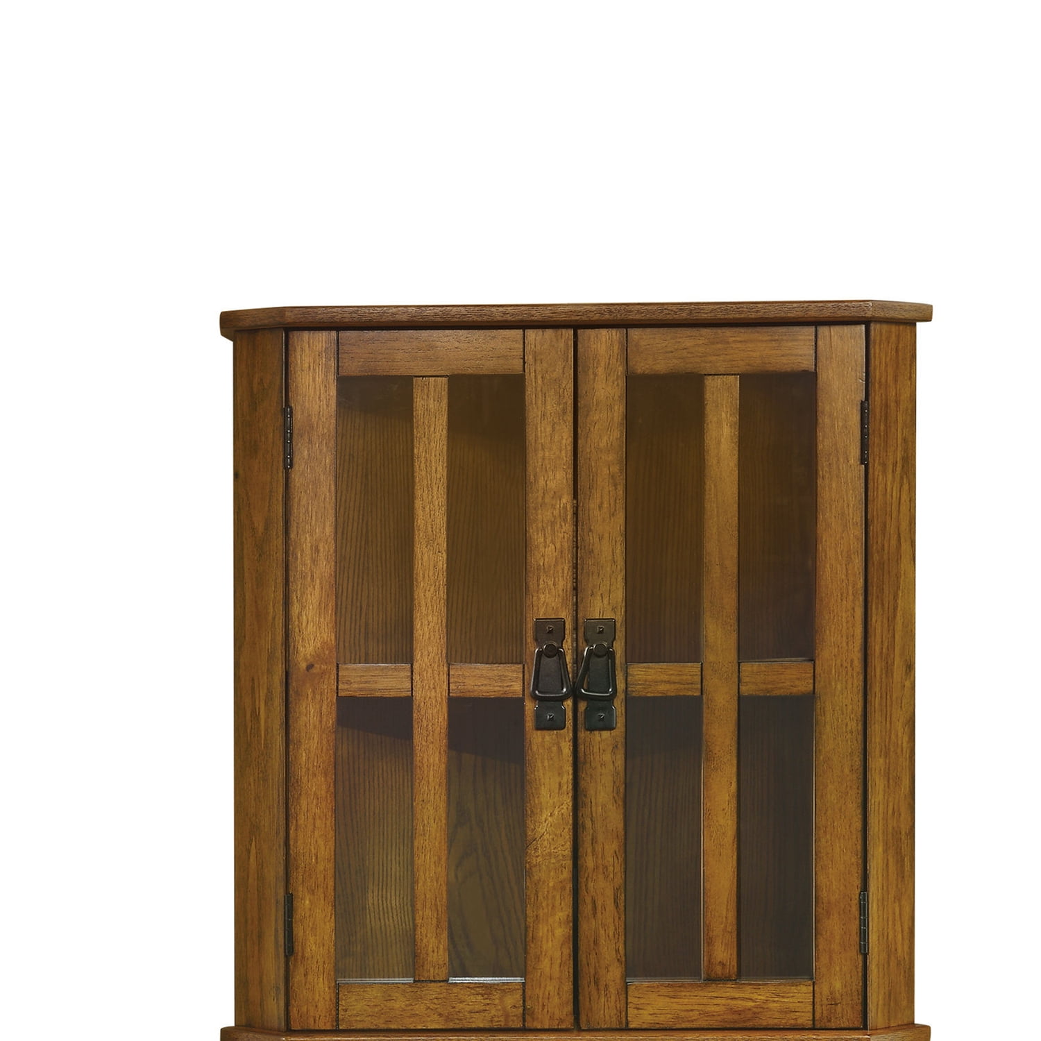 Brown Oak Corner Curio Cabinet with Windowpane Doors