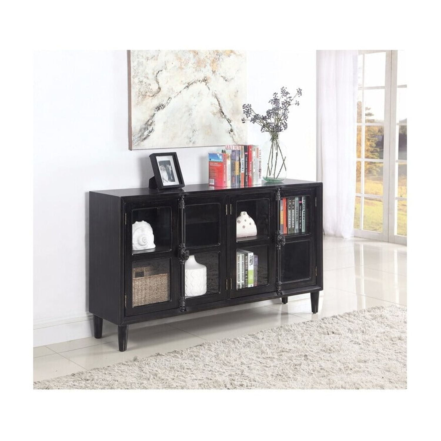 Black Distressed Wooden Accent Cabinet with Glass Doors