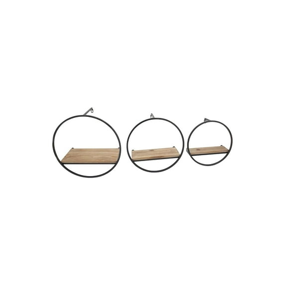 Benzara BM161344 Round Shape Metal & Wood Wall Shelf, Brown - Set of 3