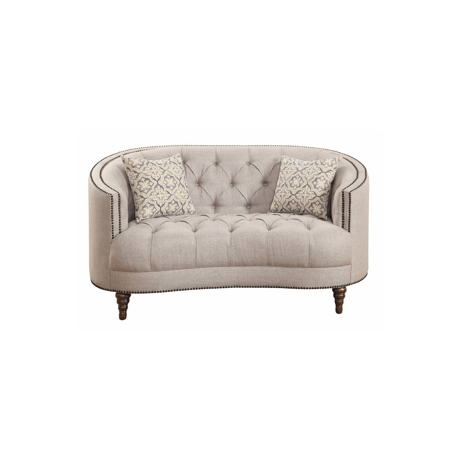 Benzara Upholstered C-Shaped Linen Fabric & Solid Wood Loveseat in Beige