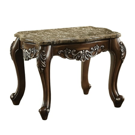 Wooden End Table with Marble Top in Antique Oak Brown