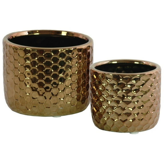 Benzara BM179439 Ceramic Round Vase with Honeycomb Pattern&#44; Copper - Set of 2 - 5 x 6.25 x 6.25 in.
