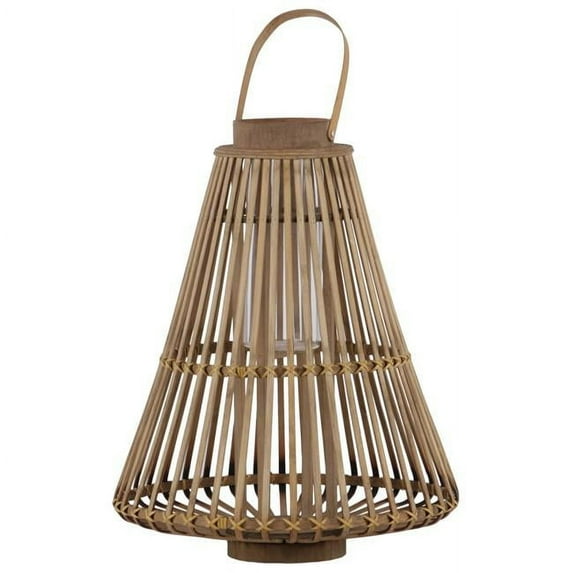 Benzara BM180785 Bamboo Lattice Bellied Lantern with Hurricane Candle Holder, Small - Brown - 17 x 13.5 x 13.5 in.