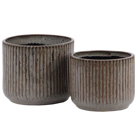 Benzara Ribbed Patterned Ceramic Pot With Tapered Bottom, Glossy Gray, Set of 2