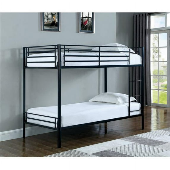 Benzara BM182642 Contemporary Metal Twin Over Twin Bunk Bed with Ladder, Black